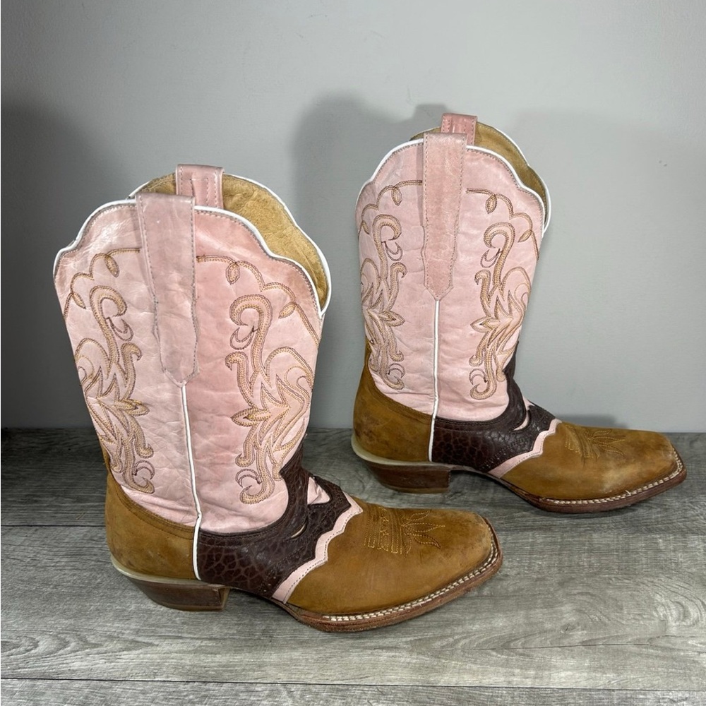 Reparo Pink & Brown Leather Cowboy Western Pull On Cowgirl Women’s Boots Size 9
